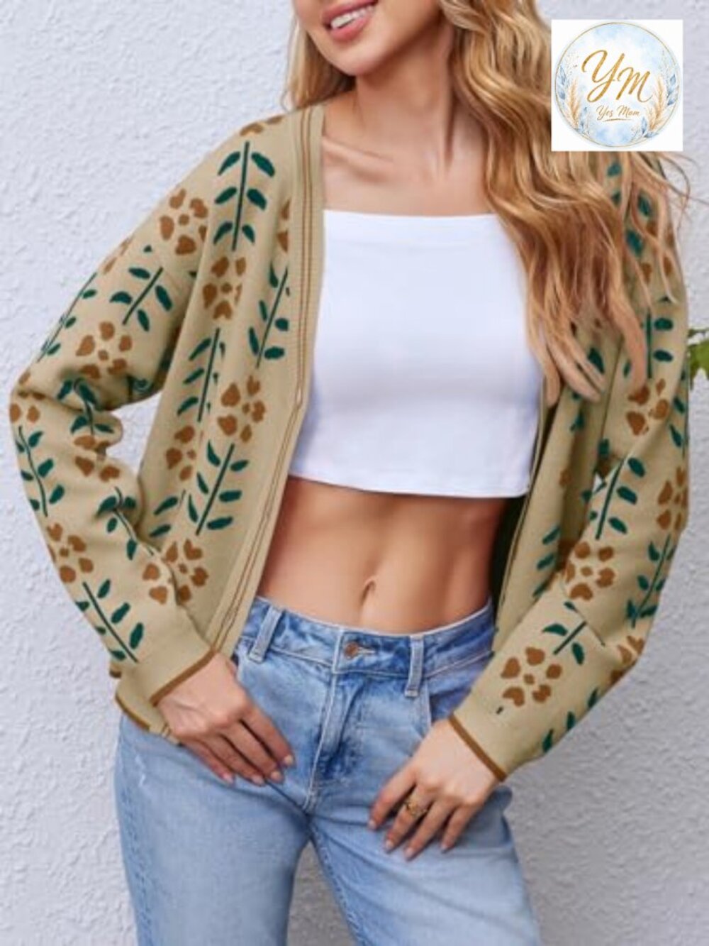 Floral Print V Neck Cardigan Open Front Button Down Knit Sweater Long Sleeve - Picture 6 of 7